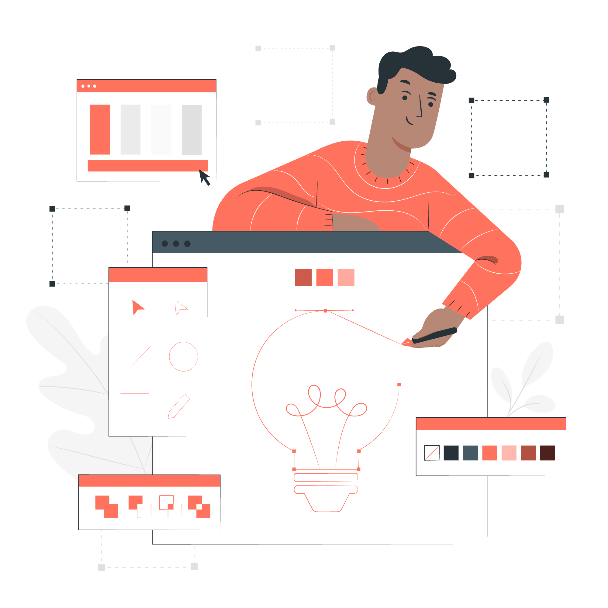 Illustration of a designer sketching interface layouts and colour palettes